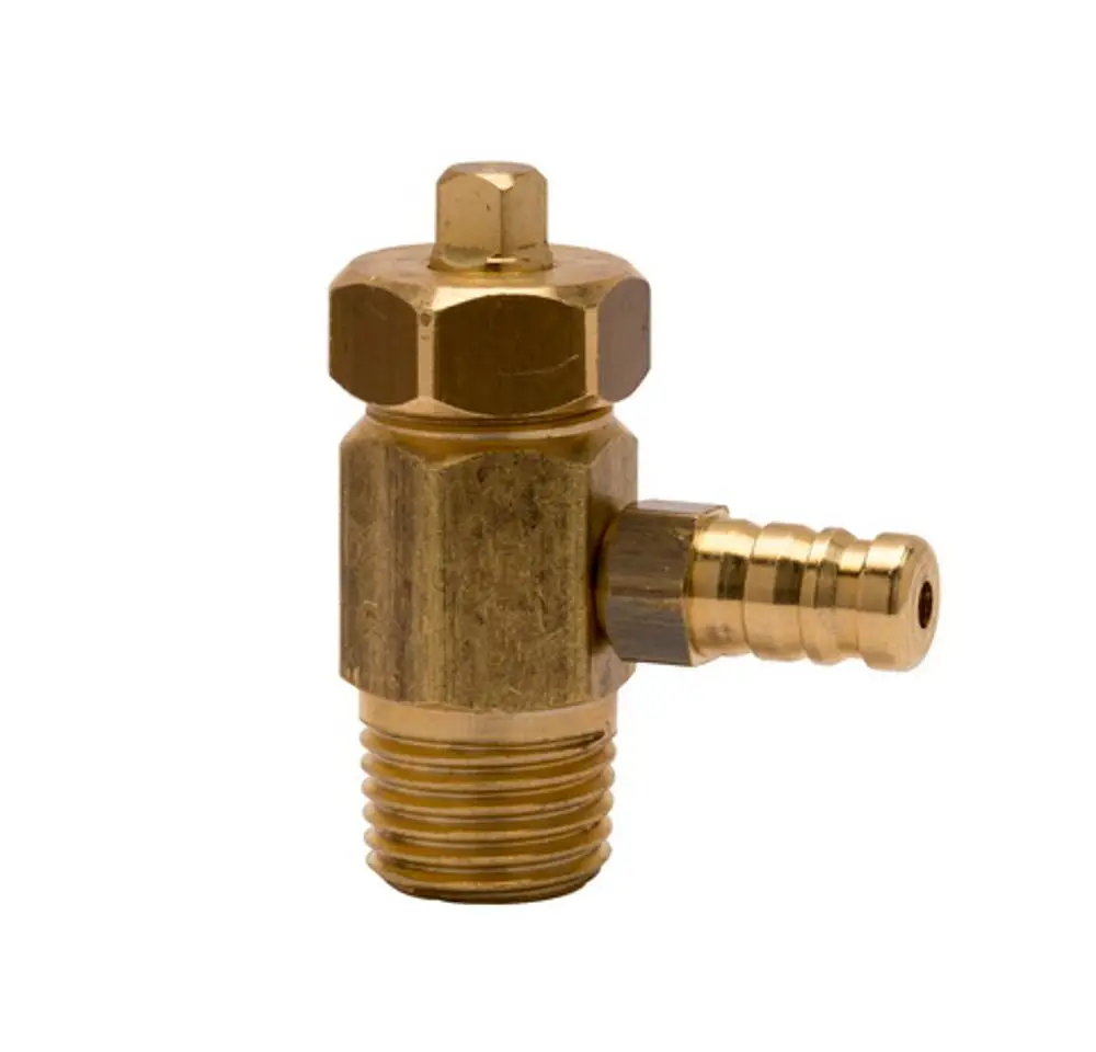 Messnippel mit Ventil, aus Messing gefertigt, mit einem Anschlussgewinde und Schlauchanschluss, verwendet in Heizungs- und Kühlsystemen, hergestellt von IMI Hydronic Engineering.